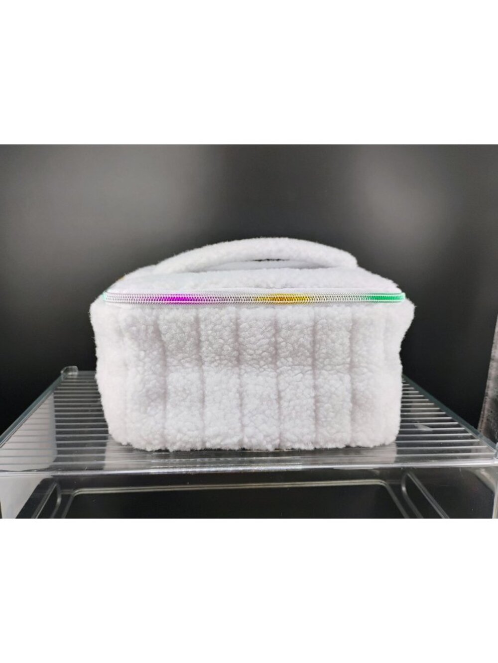 White Sherpa Cosmetic Pouch With Rainbow Zipper & Handle